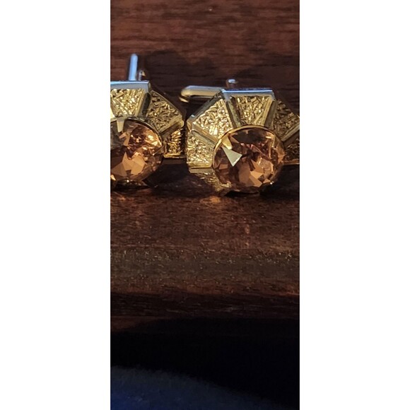Vintage Gold-Tone Cufflinks w/ Amber Rhinestones Retro Mid-Century Men’s - Picture 1 of 5